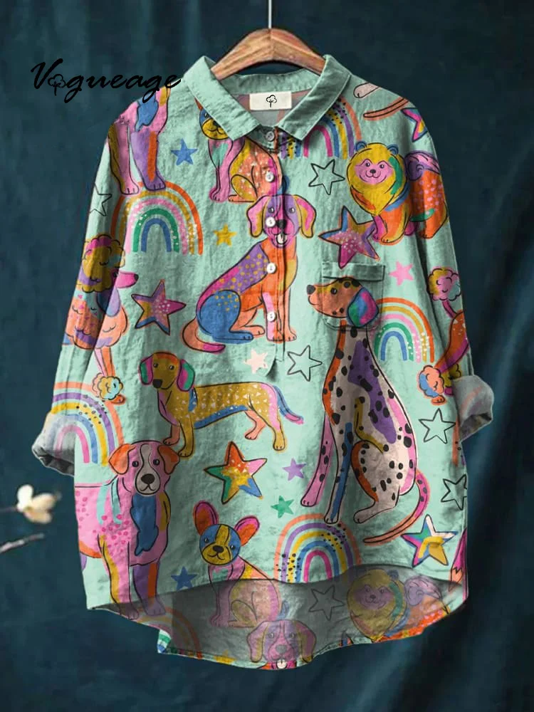 Artistic Creative Colorful Hand Drawn Dalmatian Print Cotton And Linen Shirt