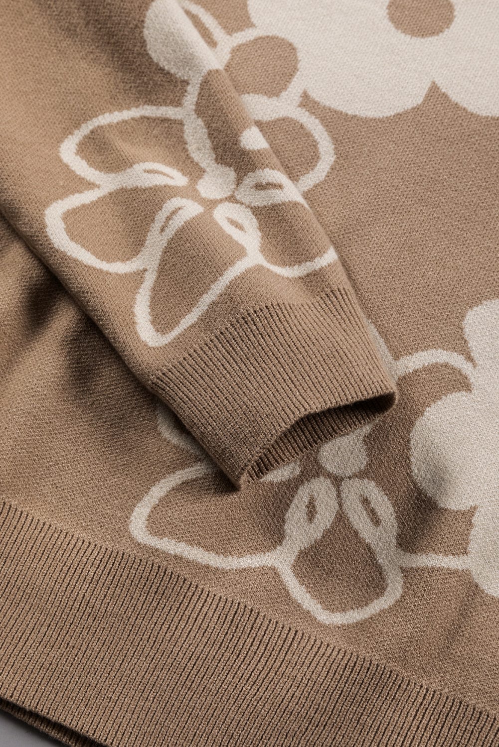 Cozy Camel Floral Knit Sweater with Drop Shoulder Detail