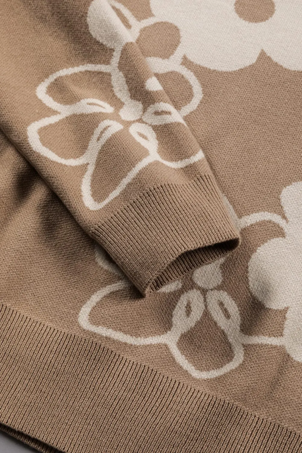 Cozy Camel Floral Knit Sweater with Drop Shoulder Detail