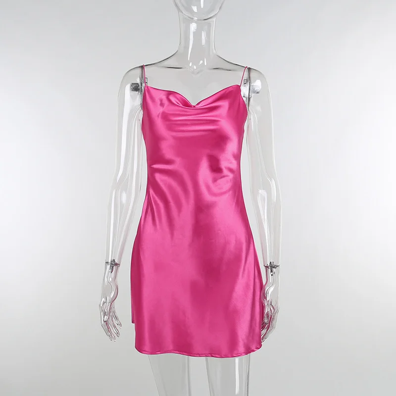 Satin Women Slip Swinging Collar Sleeveless Backless Mini Dress Bodycon  Party Elegant 2023 Christmas Club Slim.