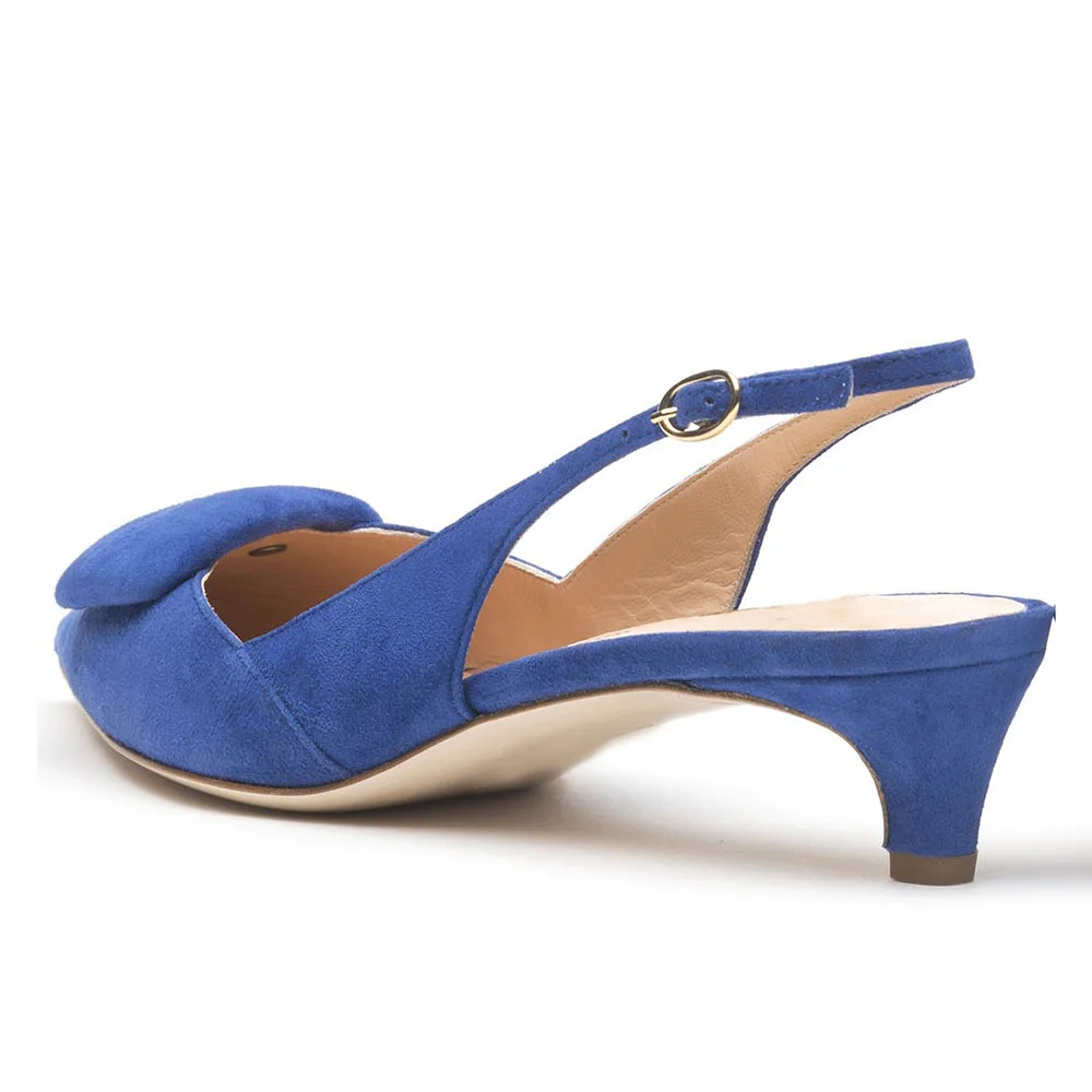 Simple Vegan Suede Pointed Toe Slingback Kitten Heels in Blue