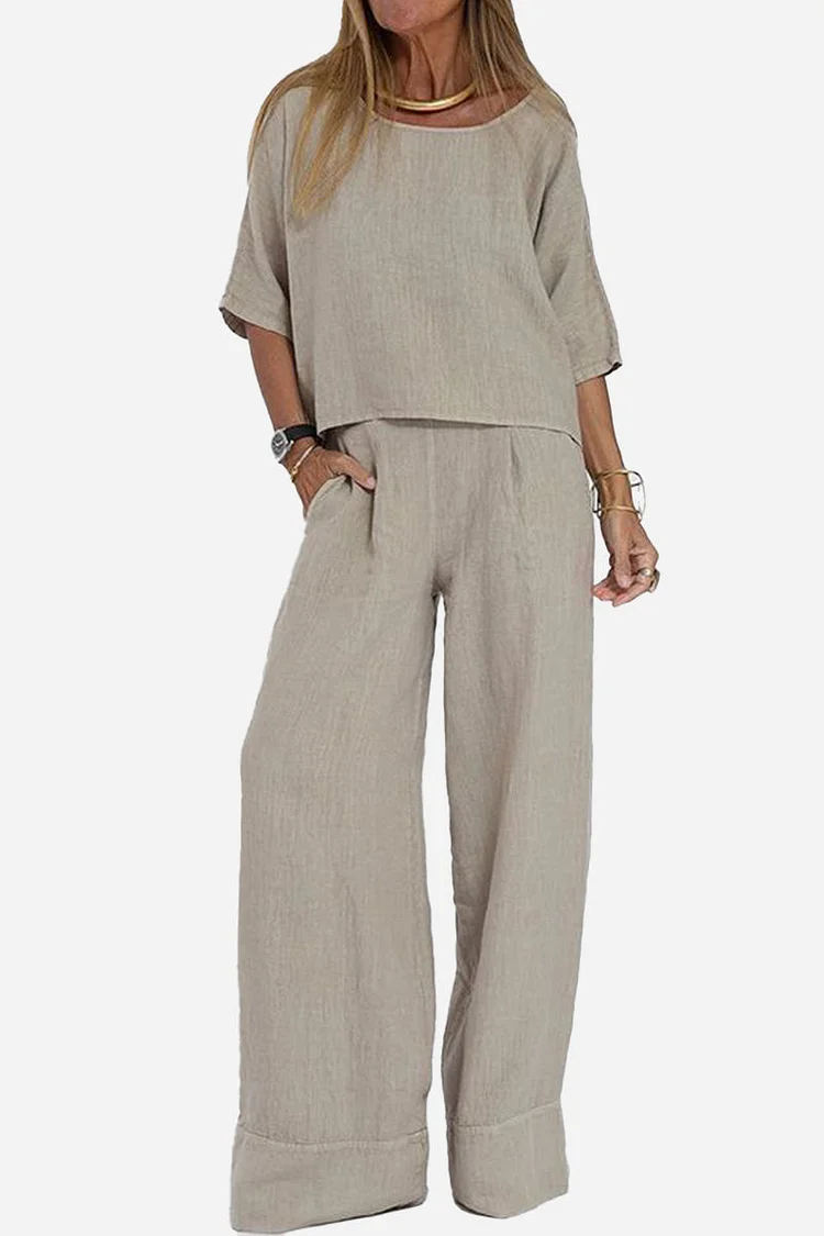 At Ease & Down to Earth: Short-sleeved Pullover & Wide Trouser Matching Set Radinnoo.com