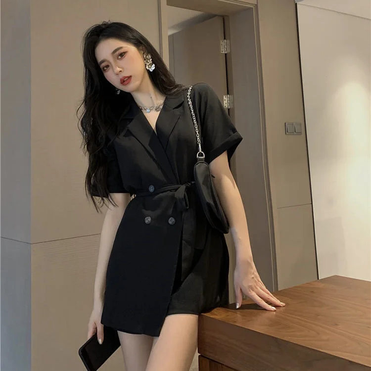 Playsuits Women Buttons High Waist Office Female Turn-down Collar Korean Style Plus Size Solid Street Abdomen Leisure Elegant