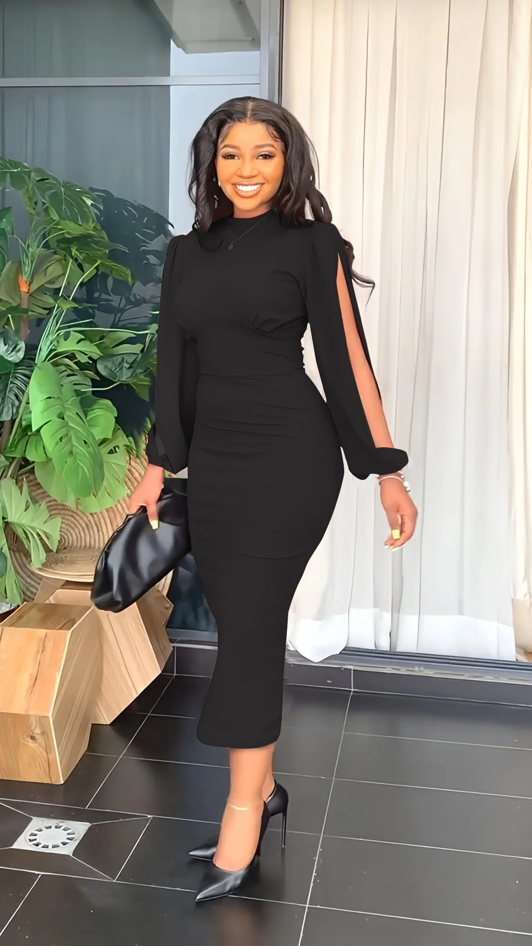 Uveng Dress Women's Solid Color Pleated Temperament Sleeve Slim-fit Skirt