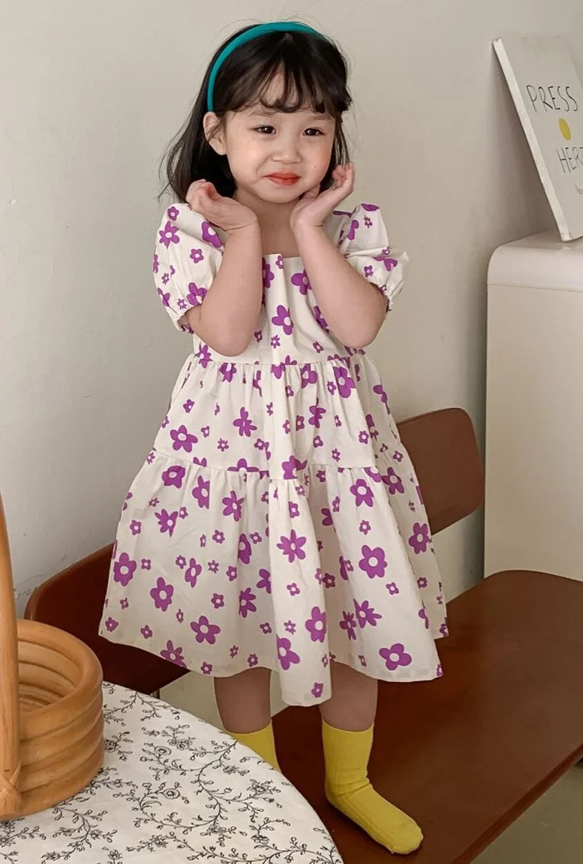 Retro Baby Spring Summer Girls Cotton Dress Kids Teenagers Children Clothes Outwear Puff Long Sleeve High Quality