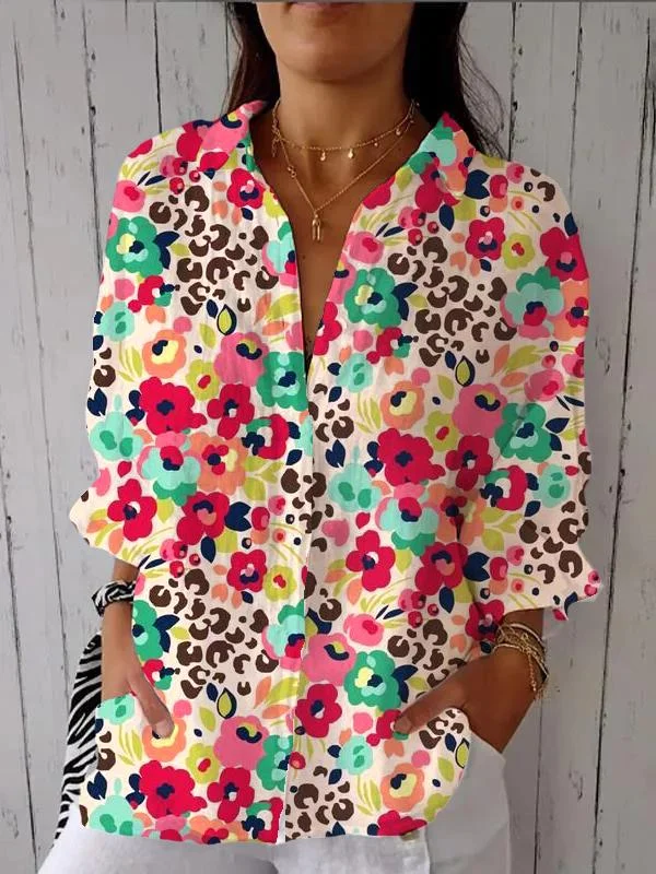 Women's Red Floral Leopard Print Casual Linen V-neck Shirt
