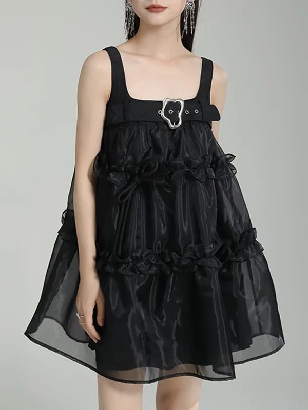 Roomy Sleeveless Gauze Pleated Split-Joint Mini Dresses Slip Dress