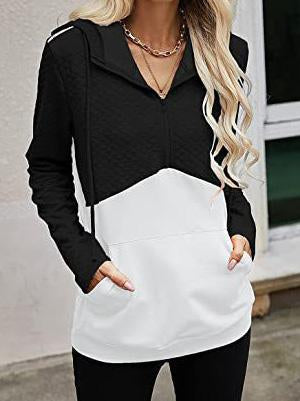 Women's Stitching Hooded Zippe Long Sleeve V-neck Tops