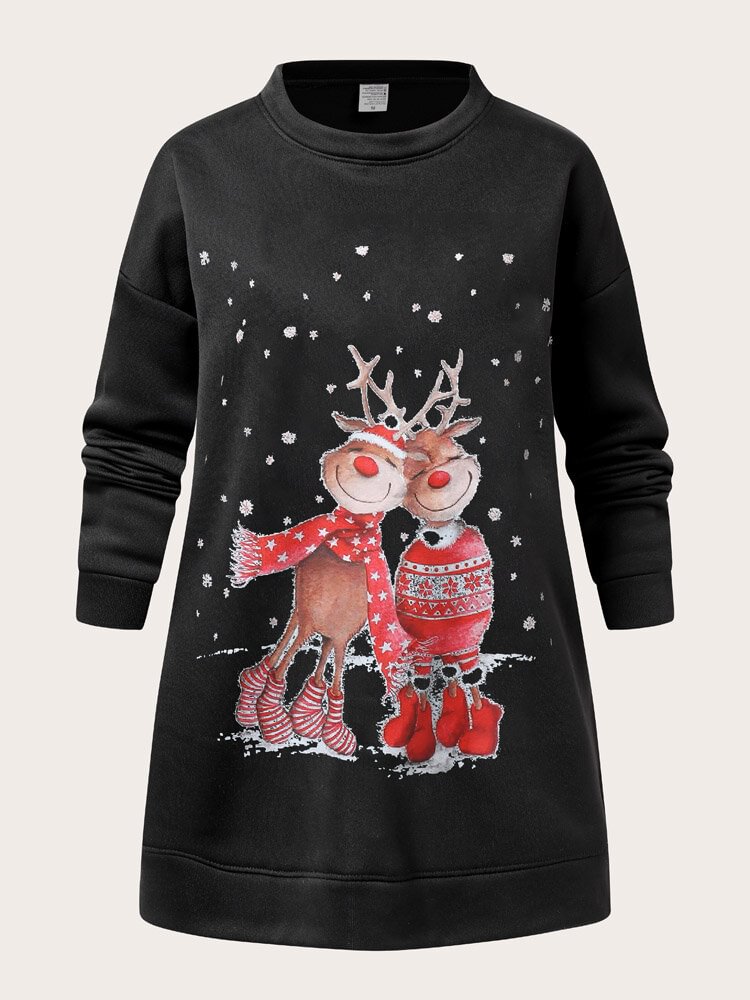 Christmas Cartoon Print Casual O-neck Loose Sweatshirt