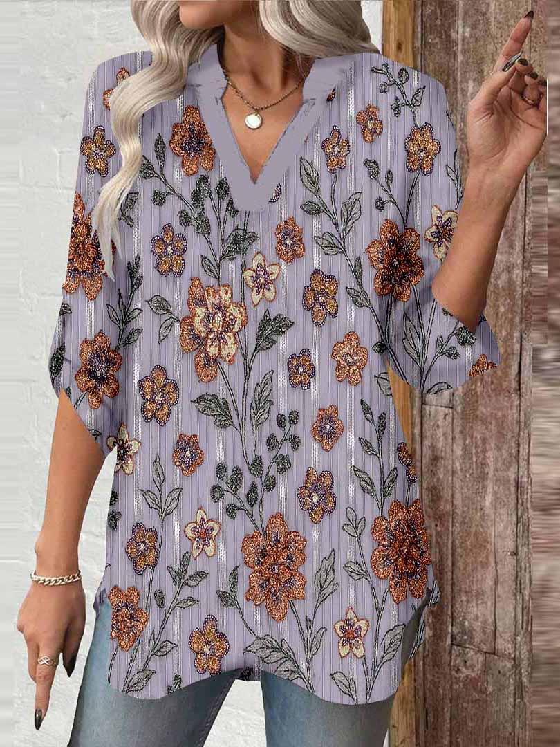 Women Floral, Shiny, Purple, Orange DZGA0180 3/4 Sleeve V-neck Printed Graphic Button Tops