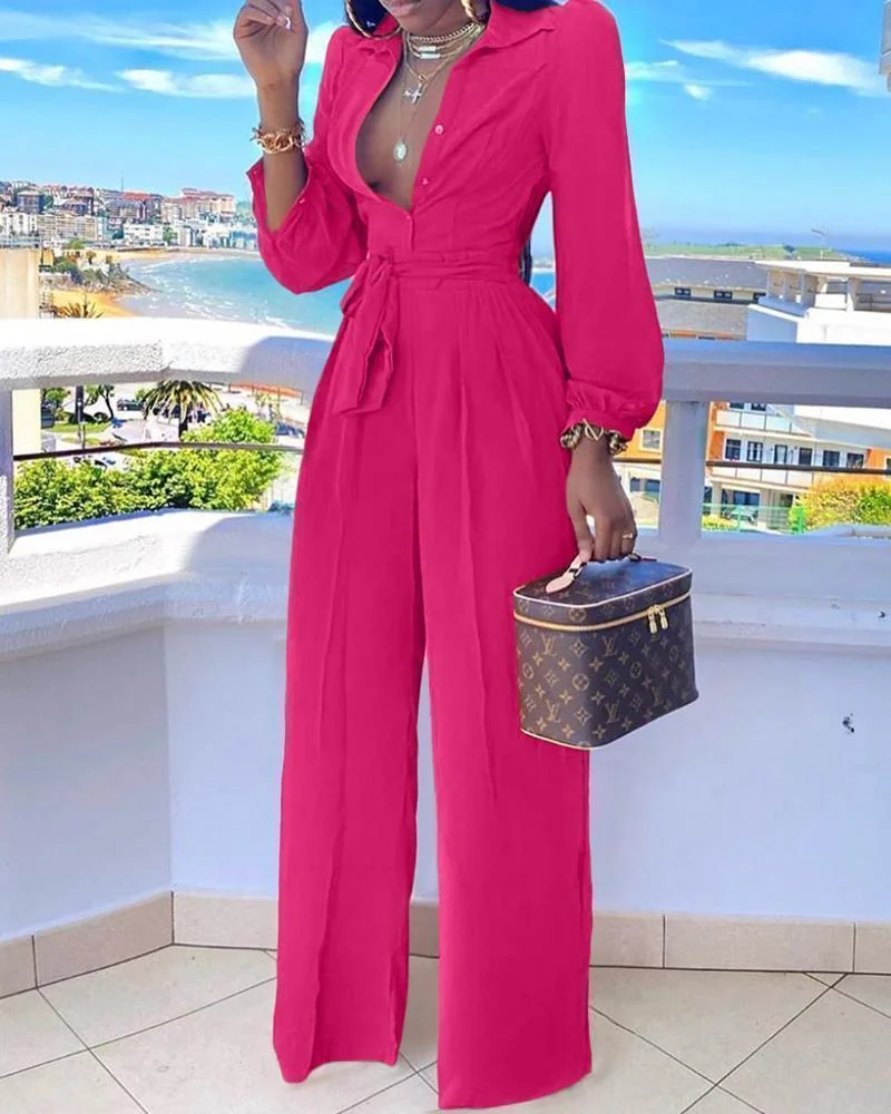 Casual Shirt Collar Jumpsuit with Belt