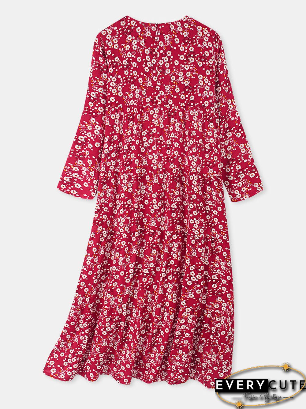 Women Vintage Floral Print O-neck Pocket Long Sleeve Maxi Dress