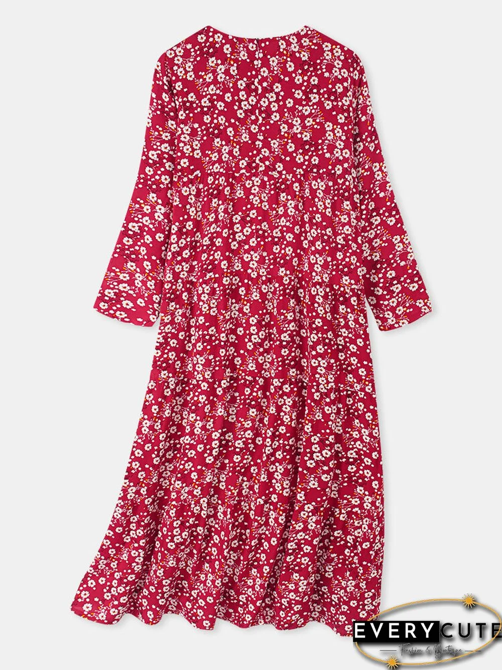 Women Vintage Floral Print O-neck Pocket Long Sleeve Maxi Dress