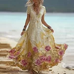 Bohemian Style Pink Rose V-neck Short-sleeved Dress - Image 2