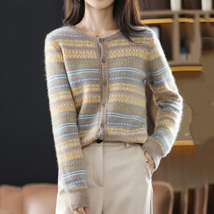 Vintage Colorblock Striped Jacquard Cardigan Sweater