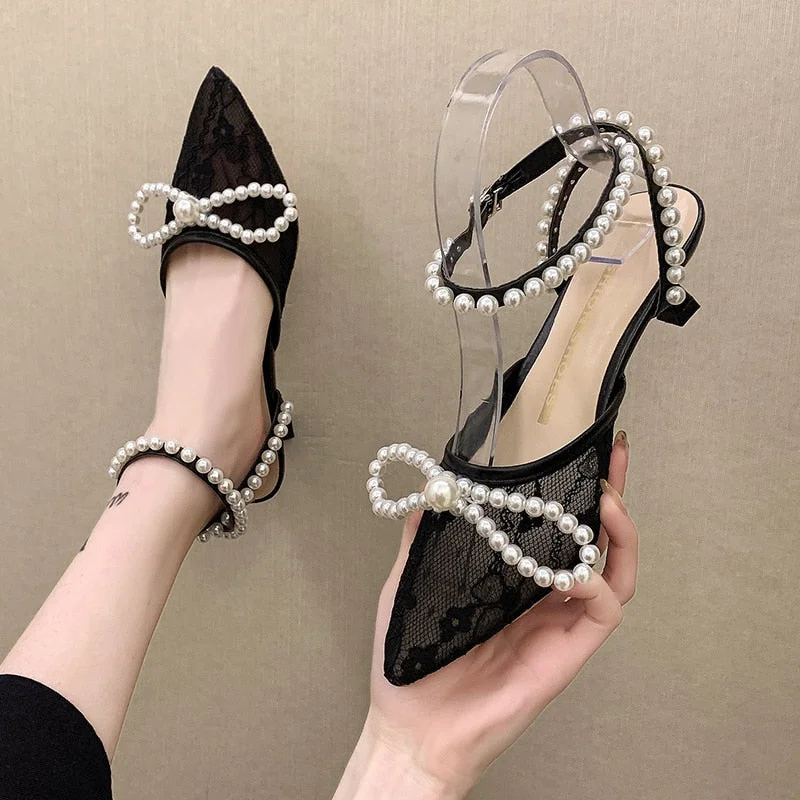 Elegant Ladies Pearl Strap Pumps 2022 Summer Sexy Black Mesh High Heels Sandals Women Pointed Toe Thin Heeled Dress Shoes