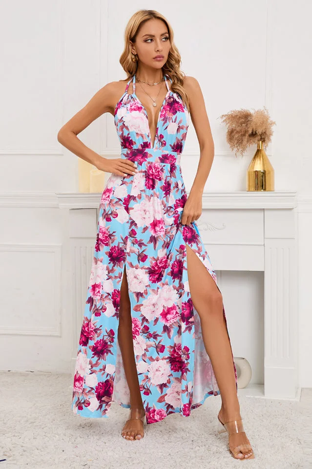 Floral Print Lace Up Backless Split Thigh Dress
