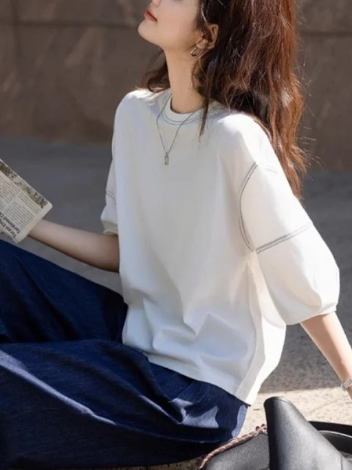 Athvotar Athvotar Seven-Sleeved T-Shirt Women 2025 Summer New Round-Necked Color Line Decorate Casual Lantern Sleeve Top