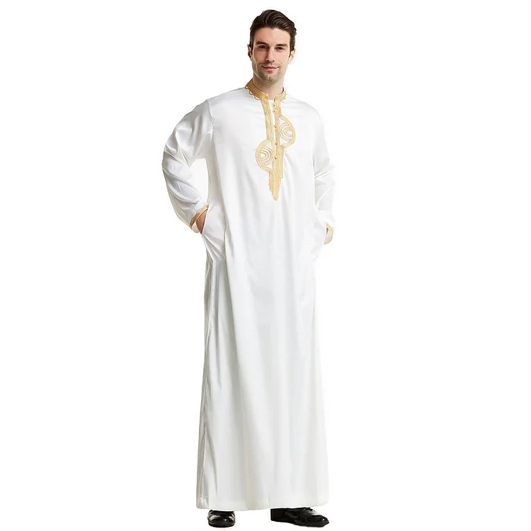 Mens Thobes Stand Collar Embroidery Robe