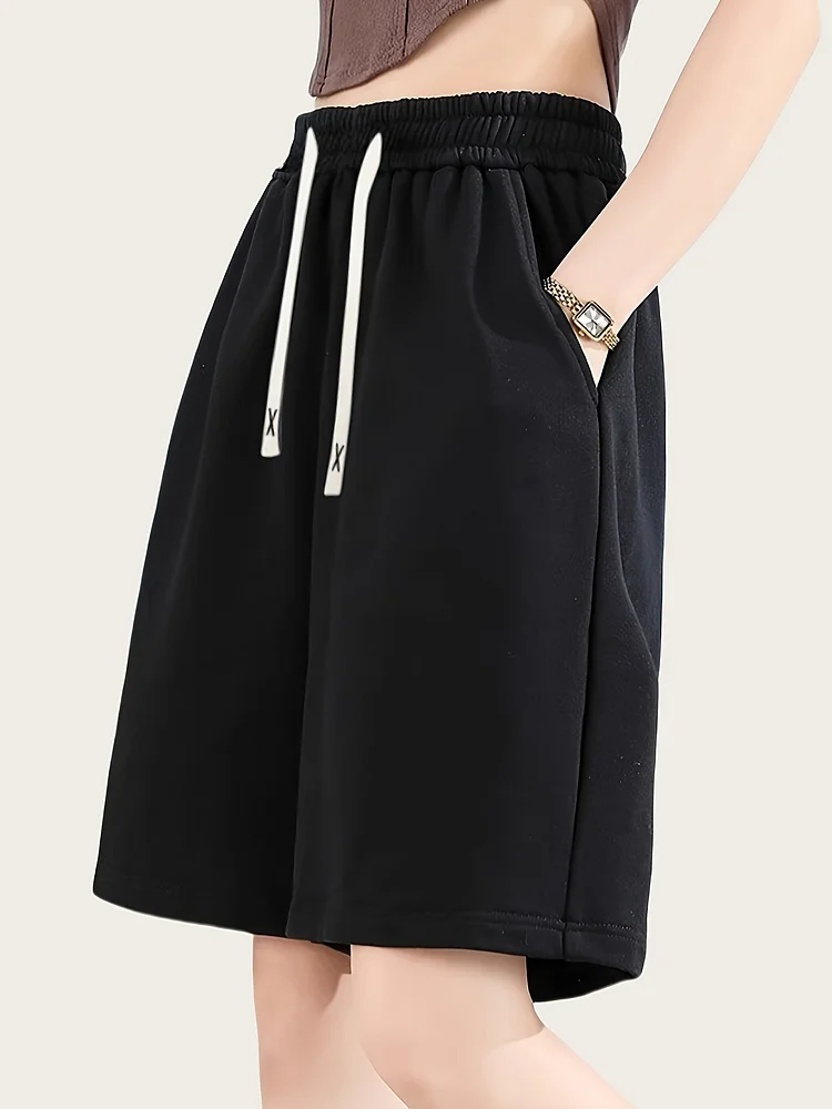 Women's Loose Fit Elastic Waist Drawstring Shorts - Solid Color Casual Summer Shorts With Pockets, Elastic Waistband, Perfect For Casual Attire, Shorts Jeans, Spring Fashion, Minimalist Design, Smooth Texture Fabric