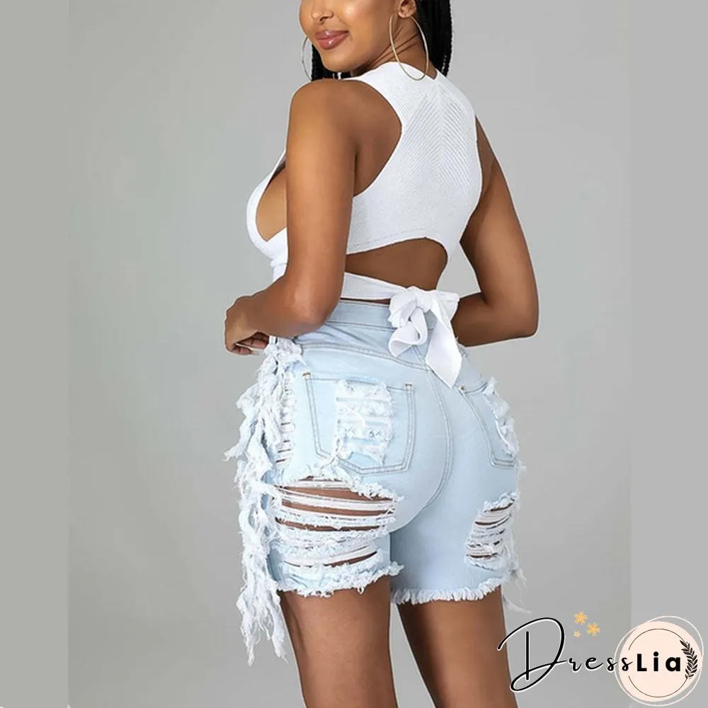 New Tassel Denim Short Women Street Fashion Stretch Ripped Denim Shorts