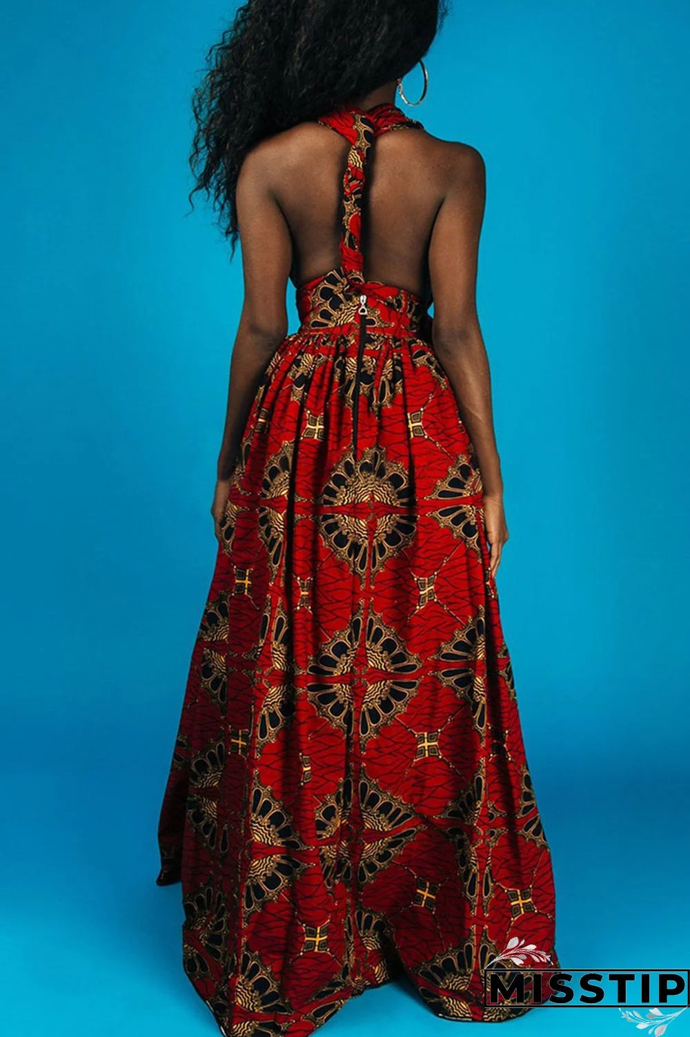 Red Vintage Elegant Print Patchwork Asymmetrical Collar A Line Dresses