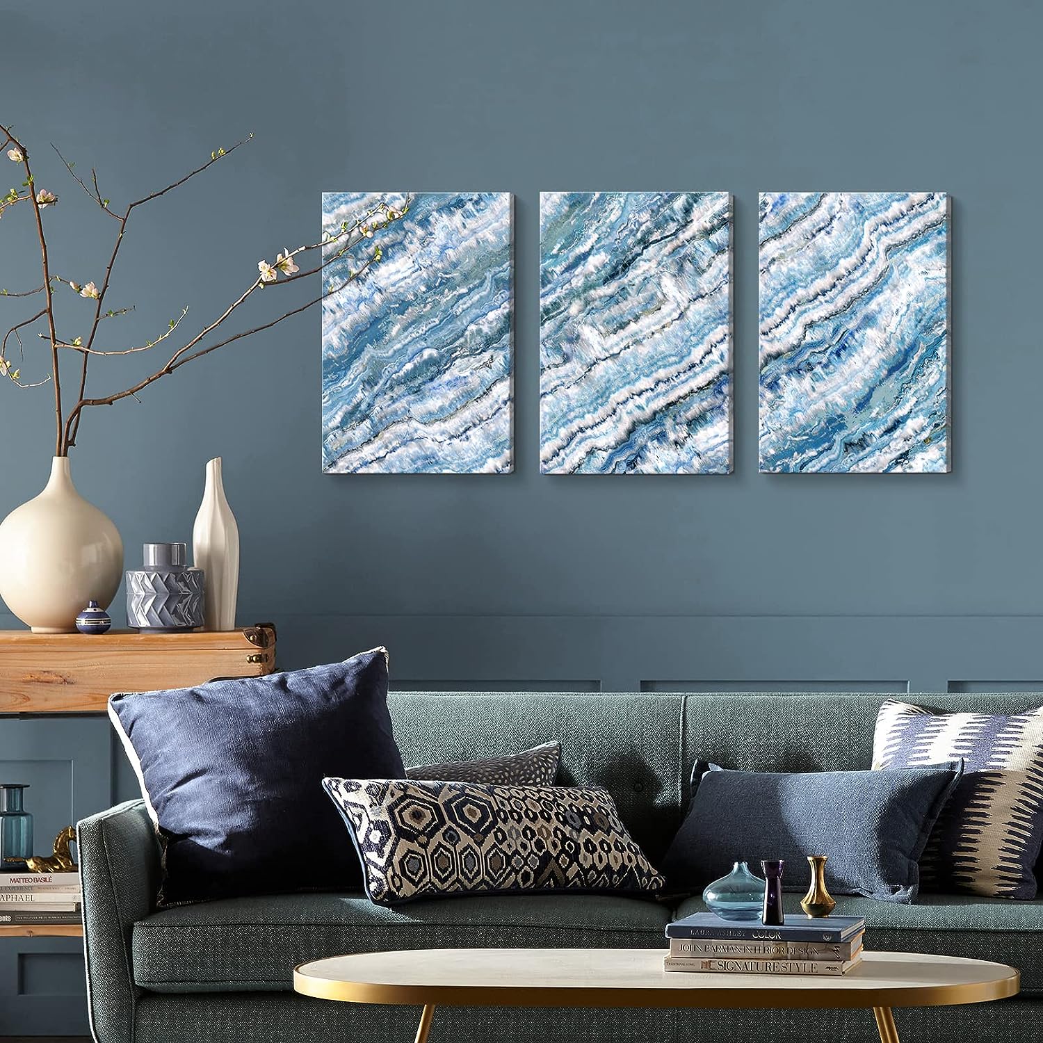 Wall Art for Living Room Large Framed Abstract 3 Piece Light Blue Coastal Theme Ocean Wave Canvas Prints Bedroom Decor Nautical Sea Beach Seascape Wall Picture Home Office Decoration 48 inch x 24 inch  Blue Abstract Wall Art