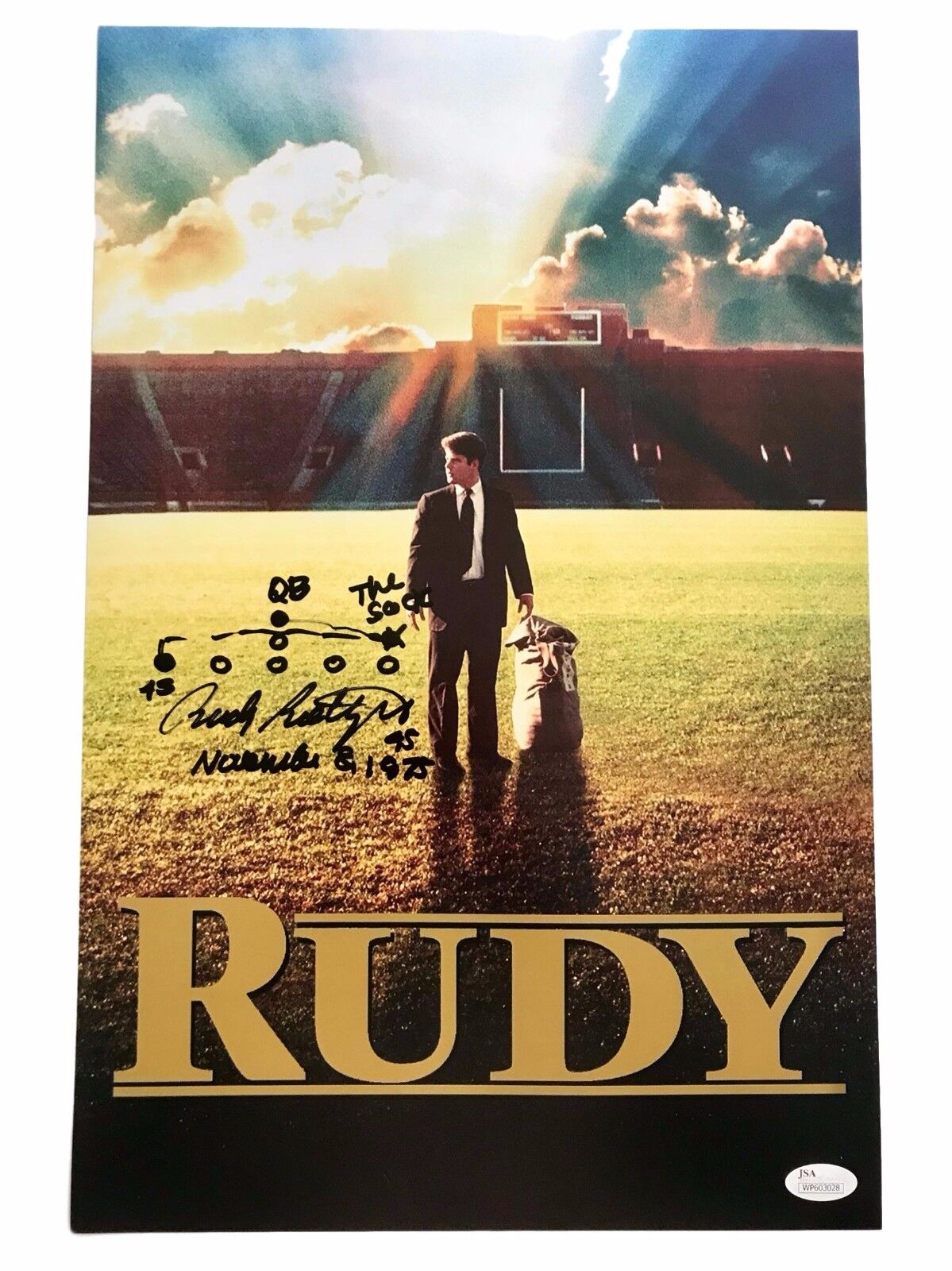 Rudy Ruettiger Signed 11x17 Movie Poster Hand Drawn Sack Play JSA COA Notre Dame