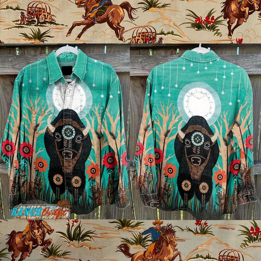 Vintage Western Cowboy Art Print Casual Shirt Multicolor / S