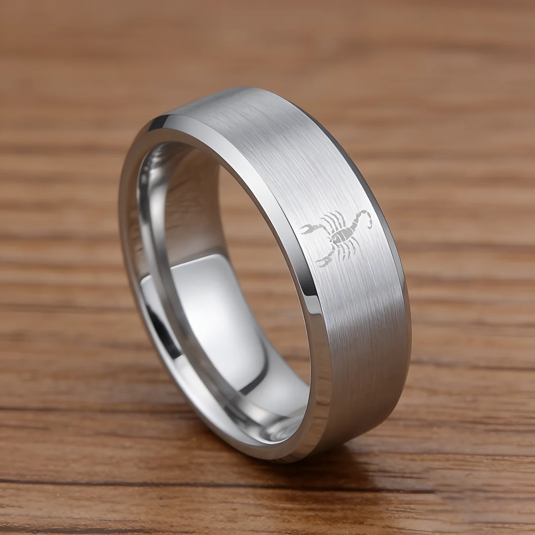 Sliver Scorpio Tungsten Wedding Bands Beveled Edges Sliver Laser Etched Couple Tungsten Carbide Rings 4MM 6MM 8MM Width