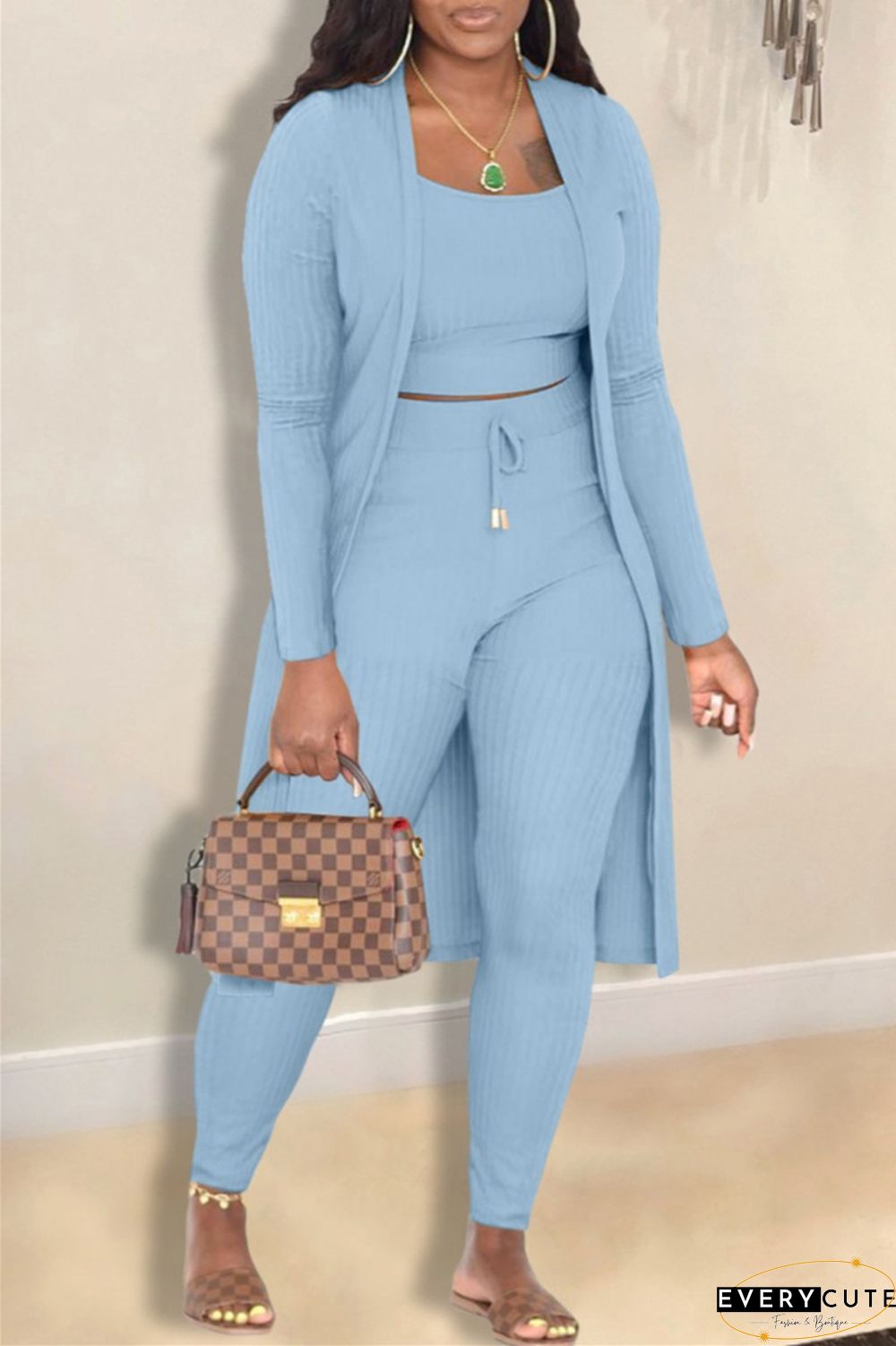 Casual Solid Cardigan Vests Pants Long Sleeve Three Piece Set