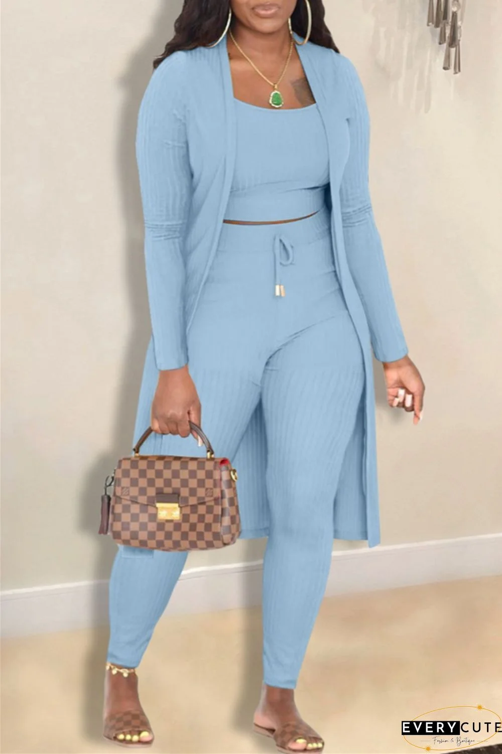 Casual Solid Cardigan Vests Pants Long Sleeve Three Piece Set