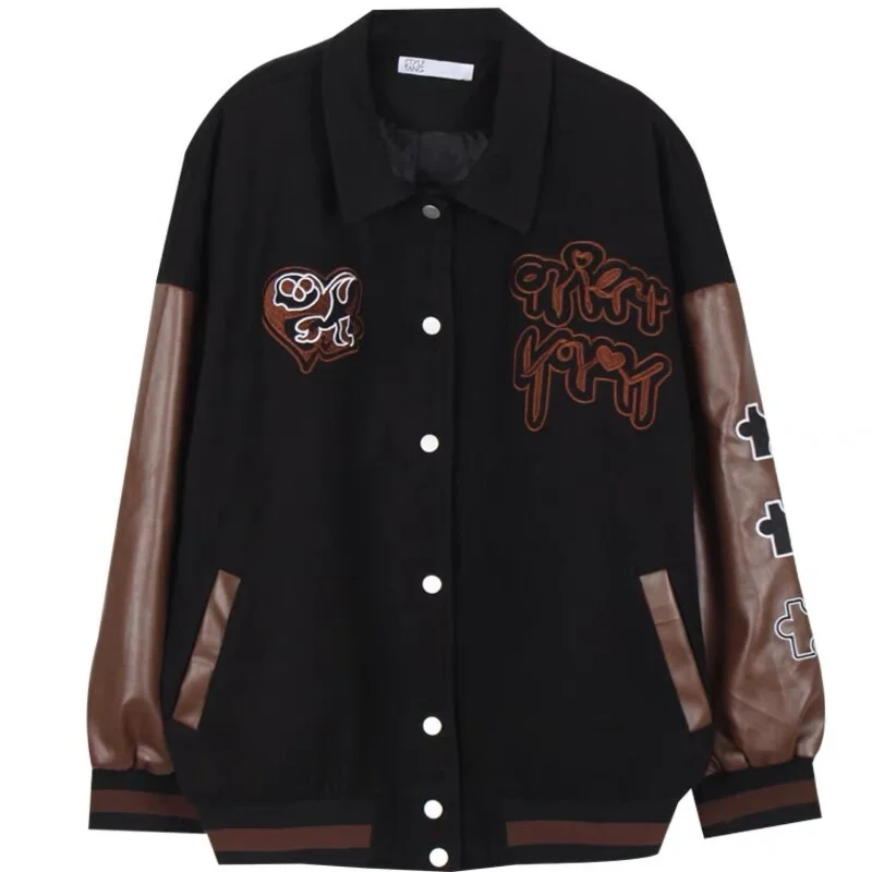 Retro Leather Stitching Baseball Uniform Jackets for Women 2021 Fashion Patchwork Couple Women's Autumn Winter Coats Clothing