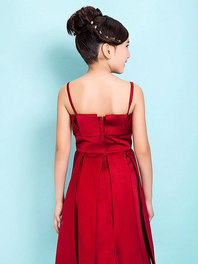Princess / A-Line Spaghetti Strap Knee Length Satin Junior Bridesmaid Dress With Sash / Ribbon / Draping / Spring / Summer / Fall / Hourglass / Inverted Triangle