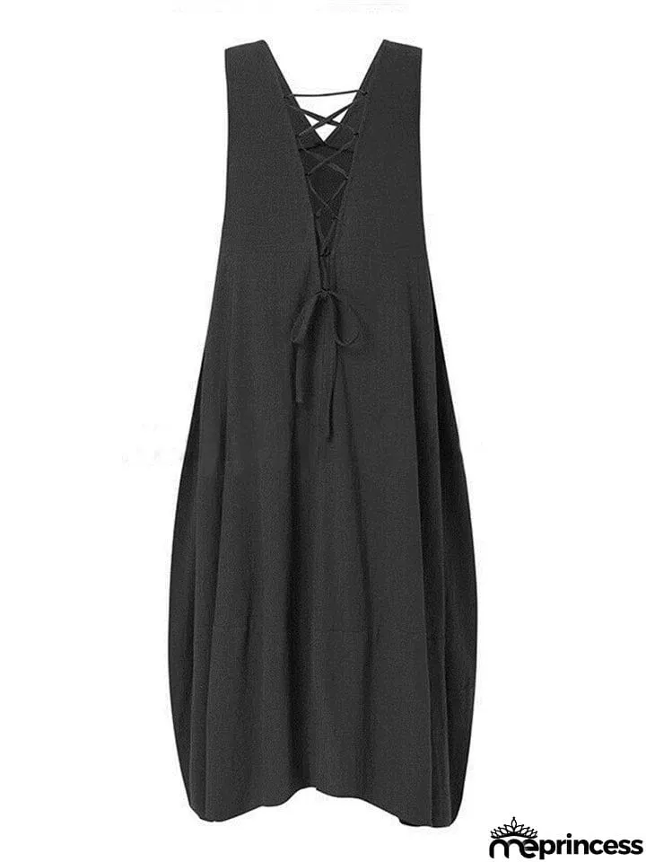 Women's Deep V Neck Pocket Backless Lace Up Loose Beach Dress