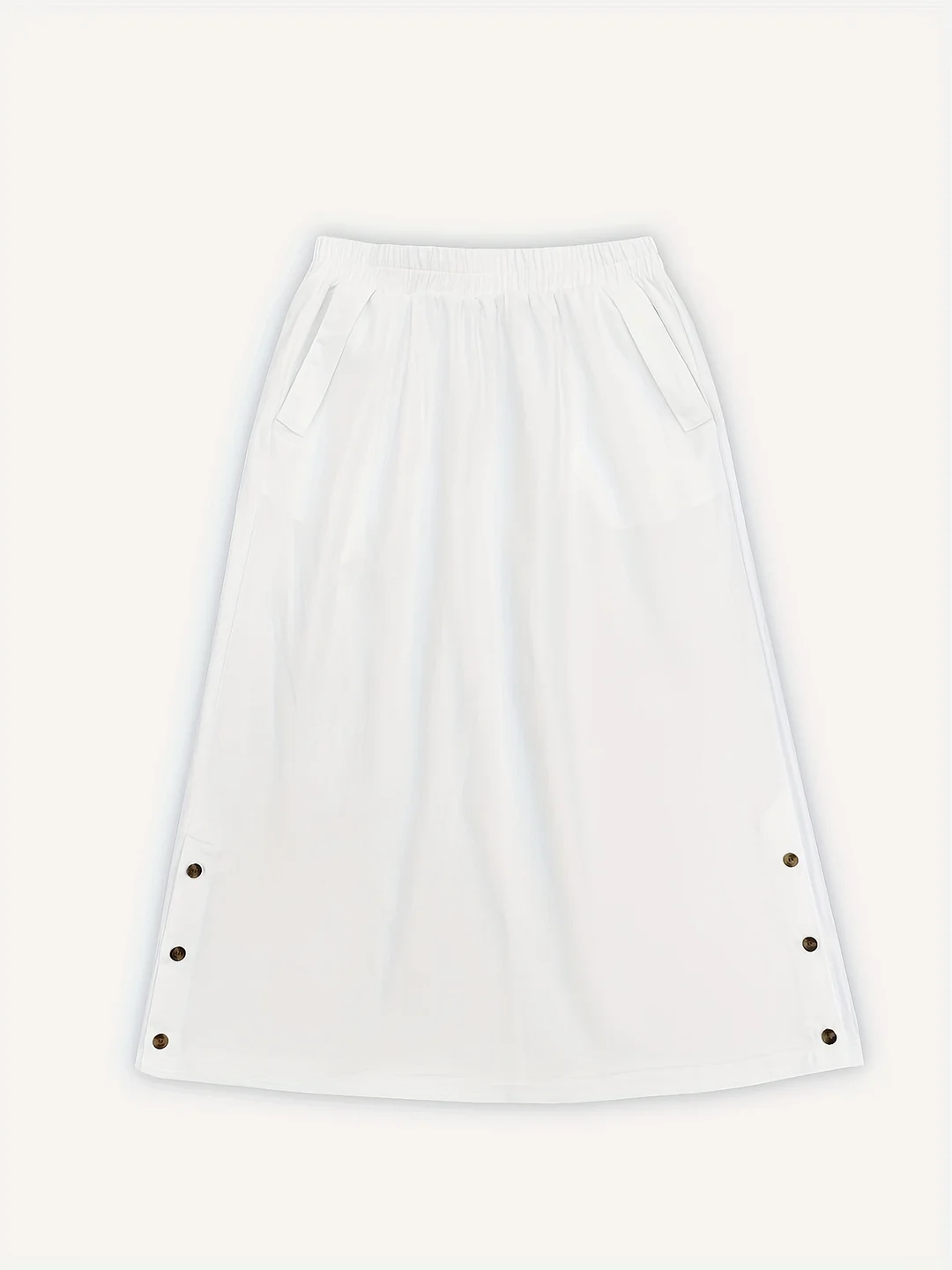 Breathable Polyester Blend A-Line Midi Skirt | Women's Loose Fit With Multiple Pockets, Button Detail & Elastic Waist - Spring/Summer/Fall Casual Outings & Daily Commute | IFYHOME