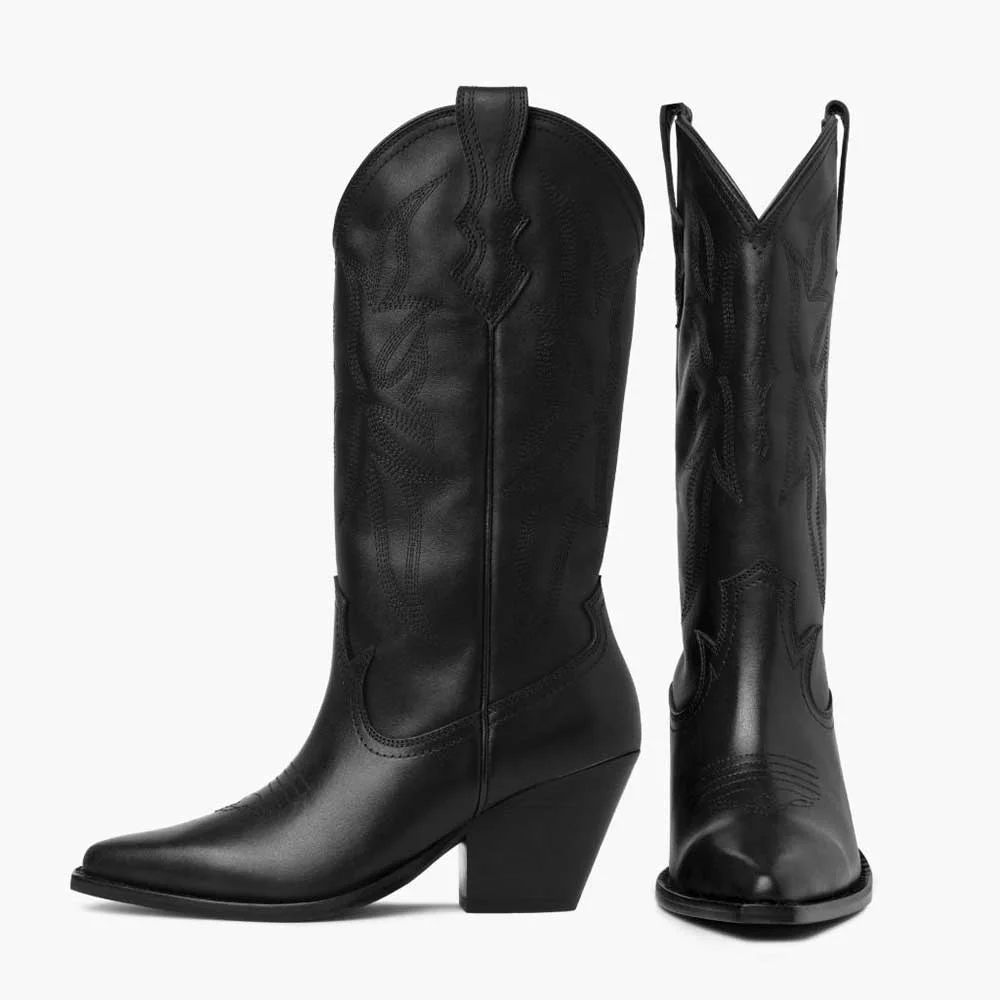 Chunky Heel Pointed Toe Pull On Western Mid Calf Boots in Black