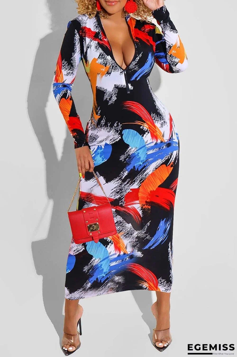 Black Red Sexy Print Patchwork Zipper Collar One Step Skirt Dresses | EGEMISS