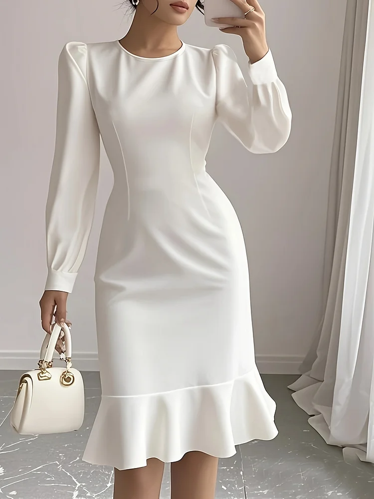 Women's Elegant Slim Fit Long Sleeve Dress - Soft Light Beige-Friendly Fabric, Back Zipper Closure, Round Neck, Solid Color, Machine Washable For Autumn/Winter Indoor & Outdoor Wear, Formal Attire, Comfortable Fashion