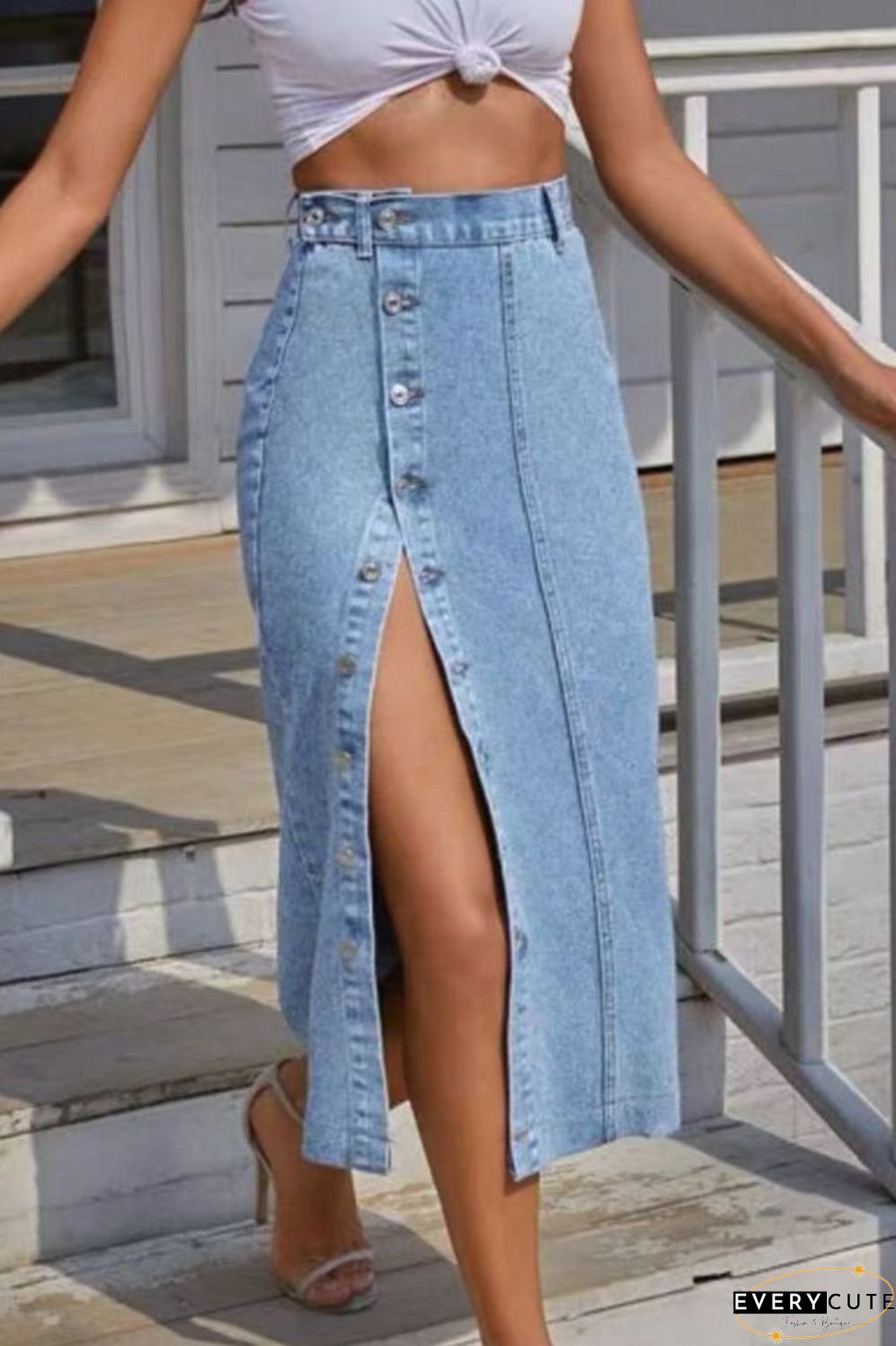 Buttoned Split Denim Skirt