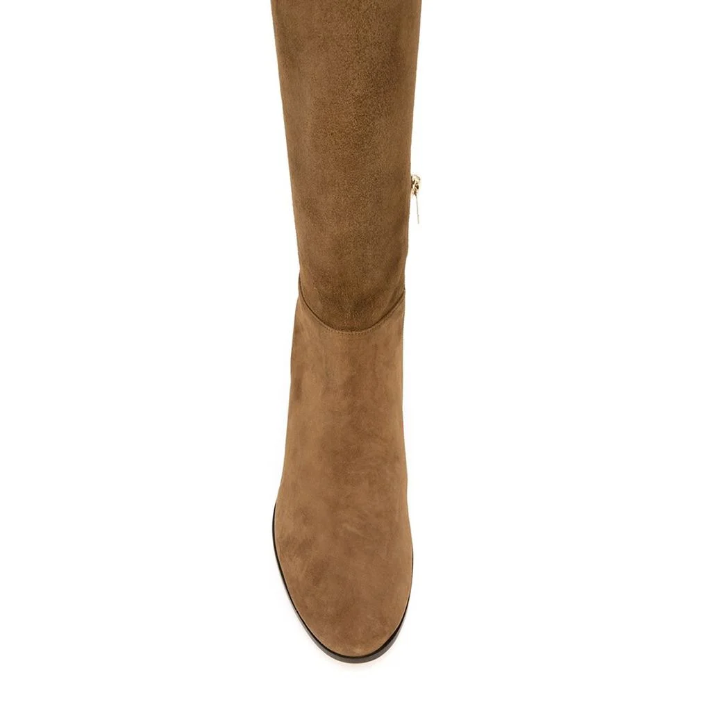 Tan Round Toe Chunky Heel Over The Knee Vegan Suede Boots Women