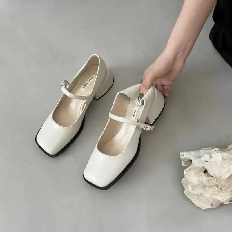 Breakj Breakj 2025 New Square Heel Mary Jane Shoes British Wind Head Black Leather Shoes Lefu Single Shoes