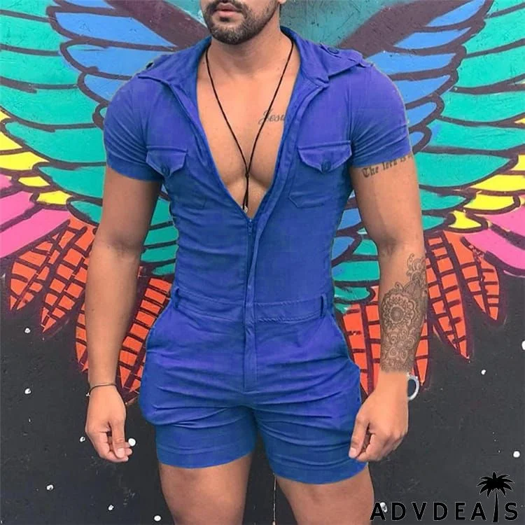 S-5XL Men Fashion Solid Color Zipper Short Sleeve Rompers