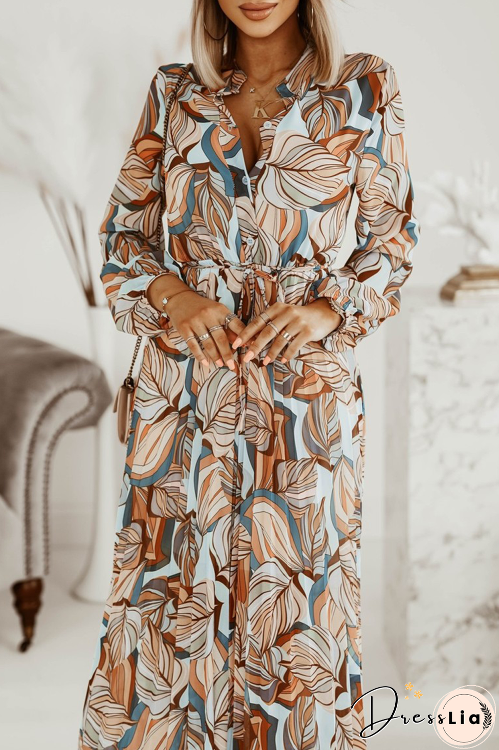 Casual Print Split Joint Turndown Collar Waist Skirt Dresses(3 Colors)