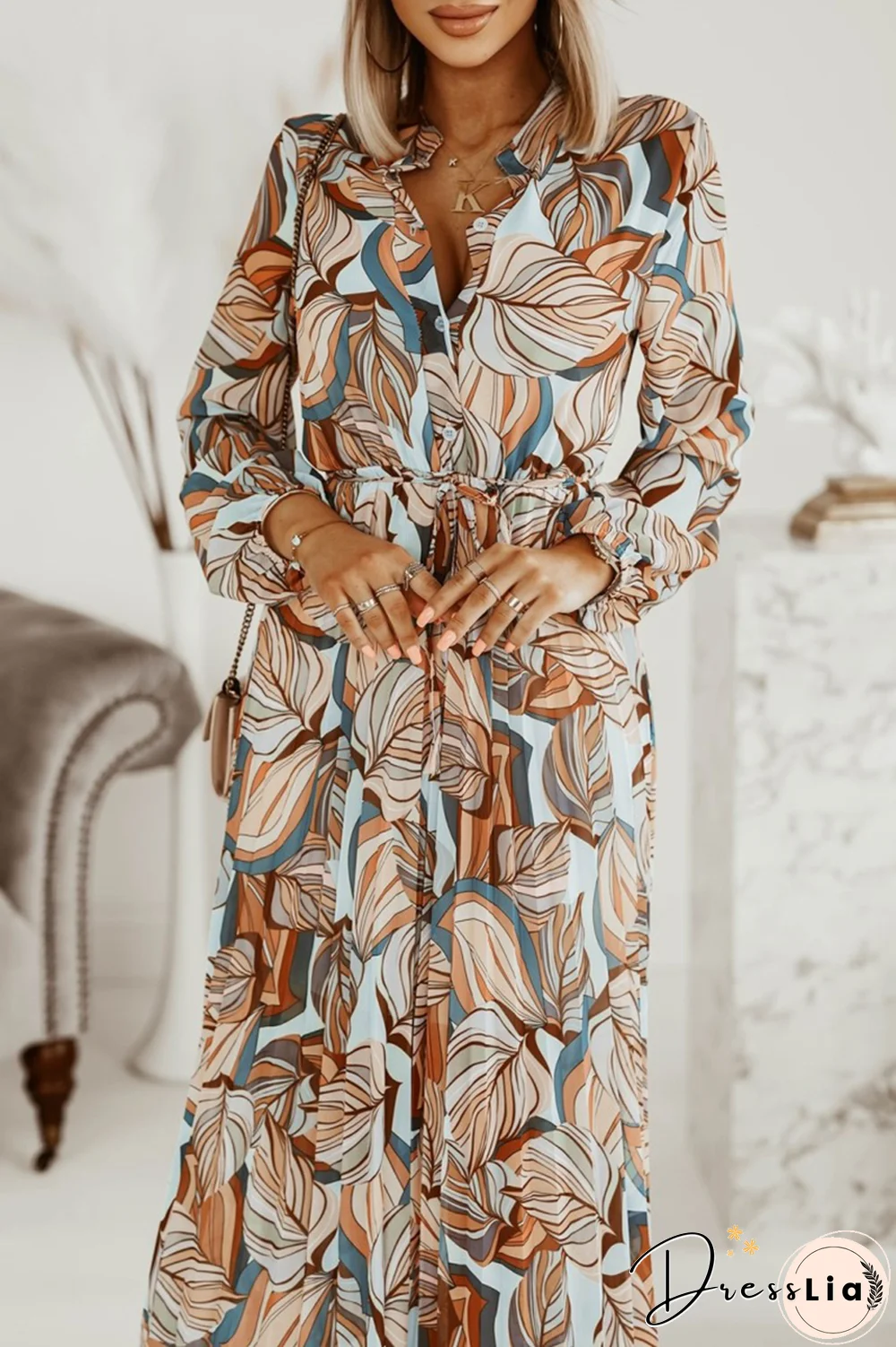 Casual Print Split Joint Turndown Collar Waist Skirt Dresses(3 Colors)