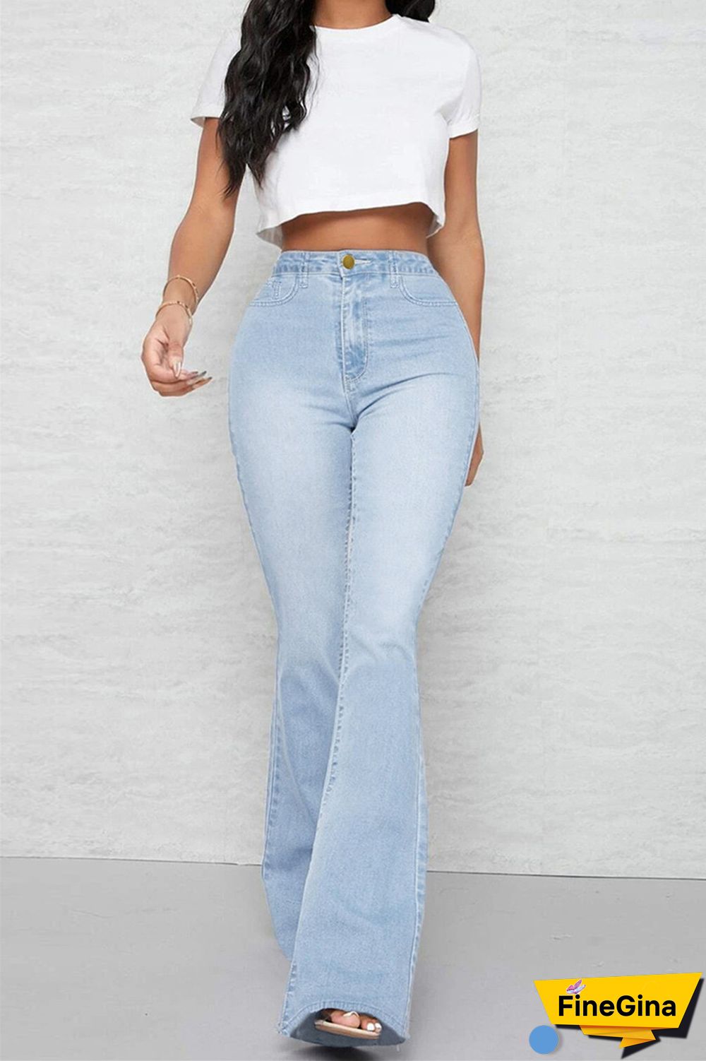 Baby Blue Casual Solid Patchwork Mid Waist Regular Denim Jeans