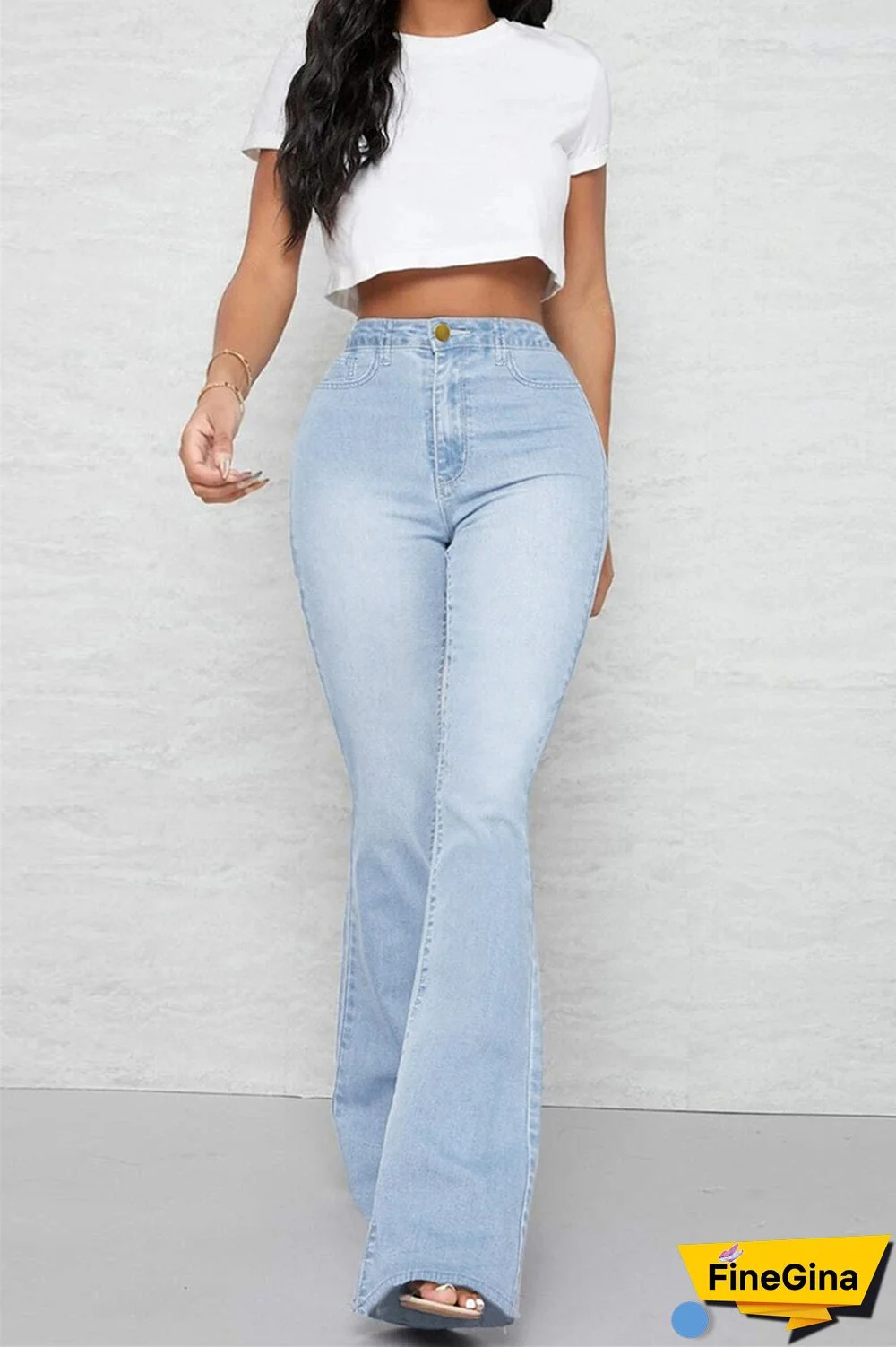 Baby Blue Casual Solid Patchwork Mid Waist Regular Denim Jeans