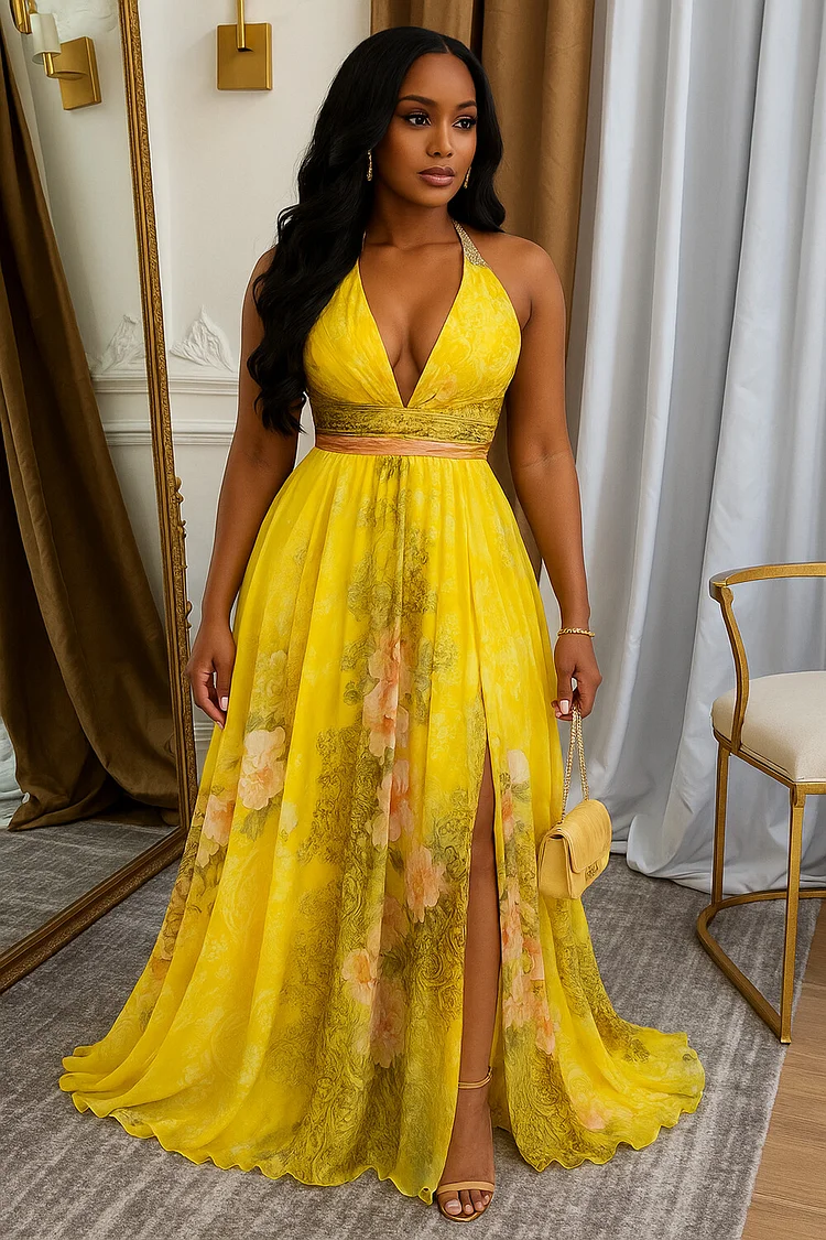 V Neck Floral Print Cinched Slit Party Maxi Dresses-Yellow [Pre Order]