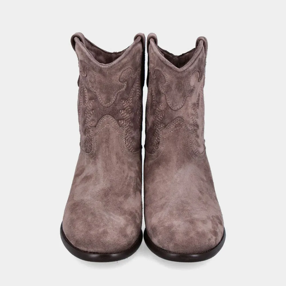 Taupe Round Toe Low Block Heel Embroidered Ankle Cowgirl Boots