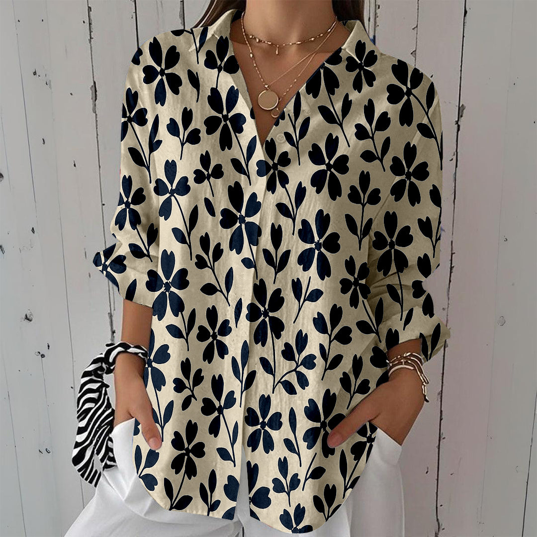 Women Long Sleeve V-neck Graphic Floral Printed Top